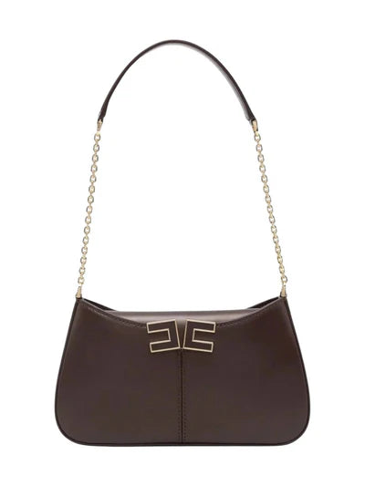 Elisabetta Franchi Borsa piccola ecopelle cacao con catenina e logo in metallo oro/bianco PE26
