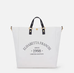 Elisabetta Franchi Borsa in Canvas Avorio/Nera con manici e tracolla PE26