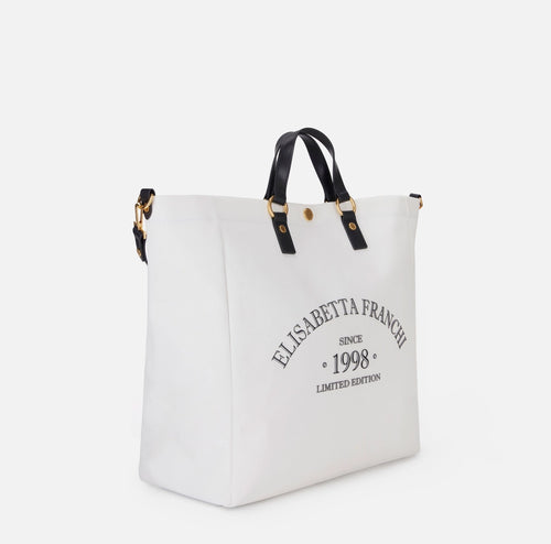 Elisabetta Franchi Borsa in Canvas Avorio/Nera con manici e tracolla PE26
