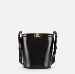 Elisabetta Franchi Borsa Secchiello nera Logo metallo e vernice PE26