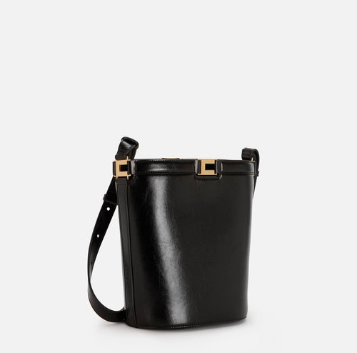 Elisabetta Franchi Borsa Secchiello nera Logo metallo e vernice PE26