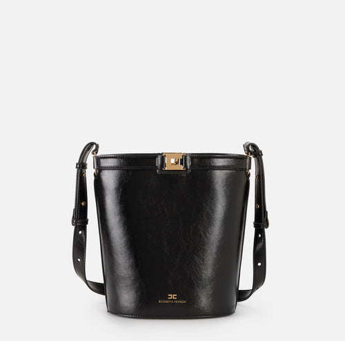 Elisabetta Franchi Borsa Secchiello nera Logo metallo e vernice PE26