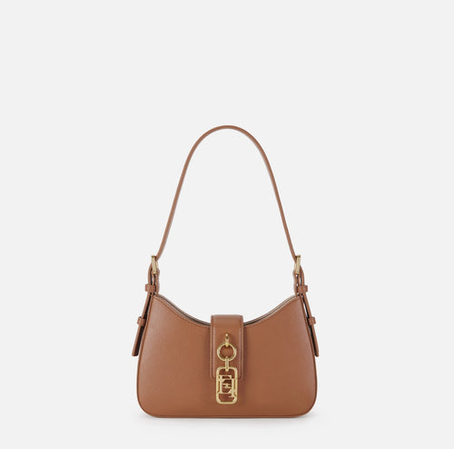 Elisabetta Franchi Borsa Ecopelle cuoio piccola a spalla logo EF oro PE26