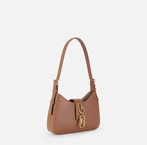 Elisabetta Franchi Borsa Ecopelle cuoio piccola a spalla logo EF oro PE26