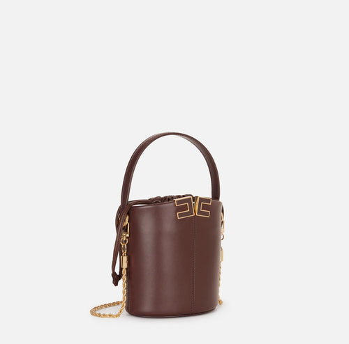 Elisabetta Franchi Borsa Secchiello Cacao Logo metallo e vernice PE26