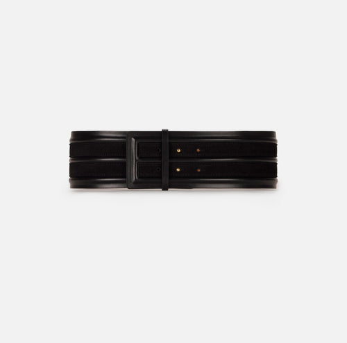 Elisabetta Franchi cintura Ecopelle nera logo EF oro PE26