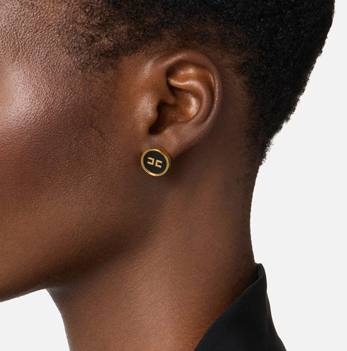 Elisabetta Franchi Orecchini Logo Oro Su base Nera- bottone