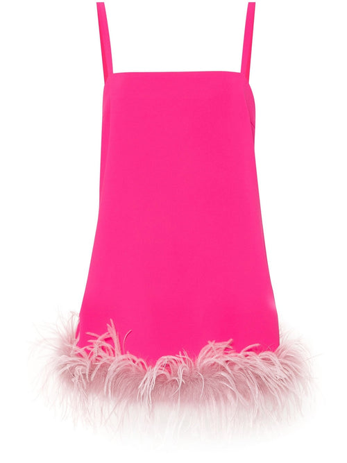 PINKO ABITO CORTO CON PIUME E SPALLINE FUXIA