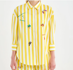 VICOLO Camicia Over Riga Bianco/Giallo PE 26