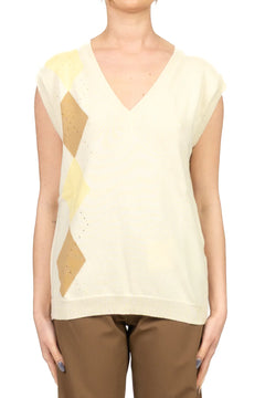 Maglia Vicolo Donna a Costine Leggera Scollo A Punta - Burro/rombi sabbia PE26
