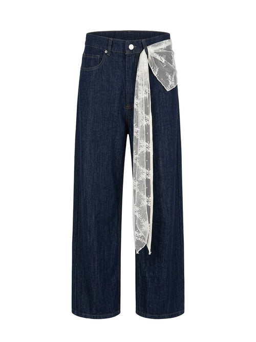 TENSIONE IN Pantalone denim blu lavato scuro con dettaglio in pizzo– PE26