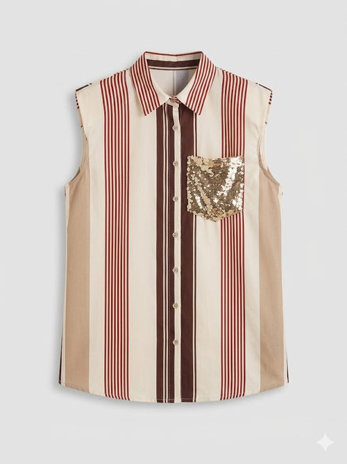 VICOLO camicia a righe moro con tasca paillettata-PE26