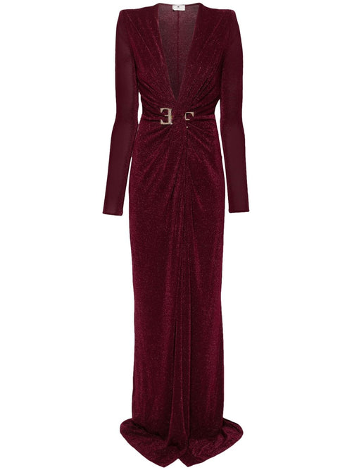 ELISABETTA FRANCHI ABITO RED CARPET IN JERSEY LUREX CON NODO E ACCESSORIO LOGO