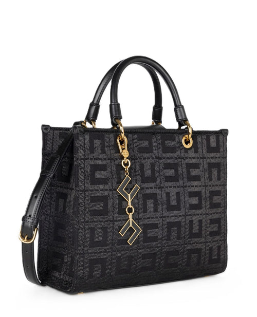 ELISABETTA FRANCHI BORSA IN TESSUTO JACQUARD CON CHARMS MANICI EFFETTO PELLE