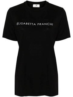 ELISABETTA FRANCHI T-SHIRT JERSEY DI COTONE STAMPA LOGO A CONTRASTO E MICRO STRASS LOGO TRASPARENTI