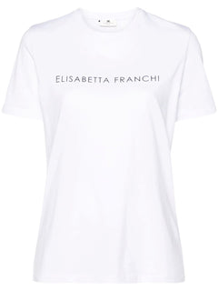 ELISABETTA FRANCHI T-SHIRT JERSEY DI COTONE STAMPA LOGO A CONTRASTO E MICRO STRASS LOGO TRASPARENTI