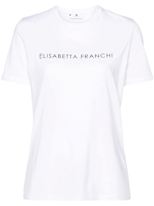 ELISABETTA FRANCHI T-SHIRT JERSEY DI COTONE STAMPA LOGO A CONTRASTO E MICRO STRASS LOGO TRASPARENTI