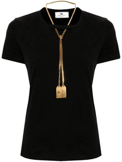 ELISABETTA FRANCHI T-SHIRT IN JERSEY DI COTONE CON COLLANA REMOVIBILE E CHARMS LOGO