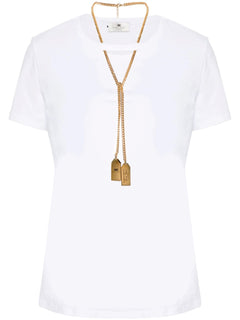 ELISABETTA FRANCHI T-SHIRT IN JERSEY DI COTONE CON COLLANA REMOVIBILE E CHARMS LOGO