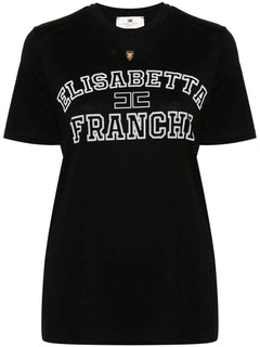 ELISABETTA FRANCHI T-SHIRT IN JERSEY DI COTONE STAMPA LOGO STILE COLLEGE E PATCH LOGO IN METALLO