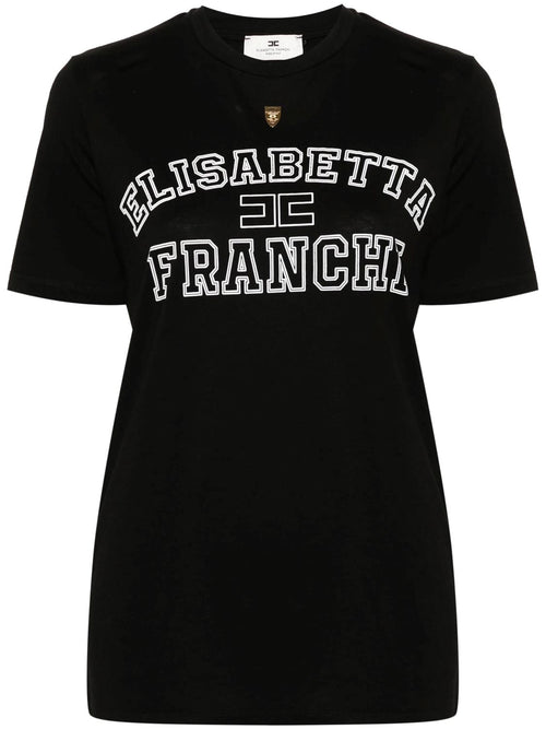 ELISABETTA FRANCHI T-SHIRT IN JERSEY DI COTONE STAMPA LOGO STILE COLLEGE E PATCH LOGO IN METALLO