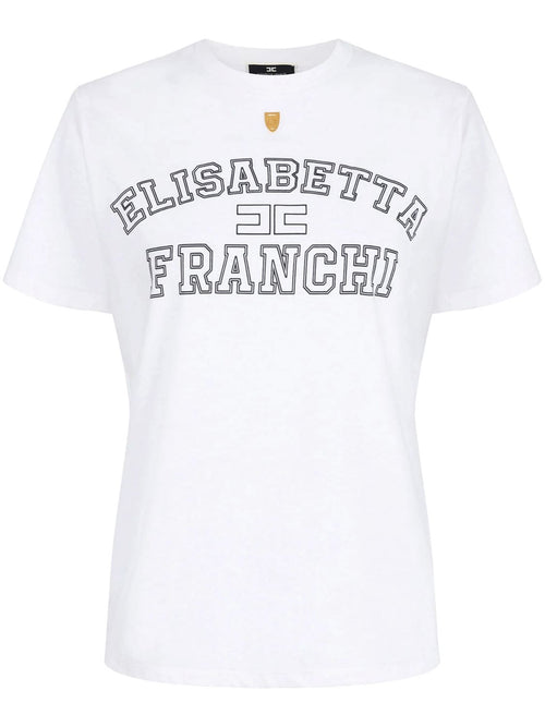 ELISABETTA FRANCHI T-SHIRT IN JERSEY DI COTONE STAMPA LOGO STILE COLLEGE E PATCH LOGO IN METALLO