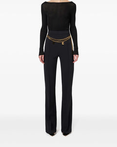 ELISABETTA FRANCHI PANTALONE A PALAZZO IN DOPPIO CREPE STRETCH CINTURA IN CATENA E CHARMS LOGO IN METALLO