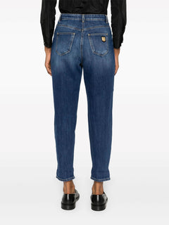 ELISABETTA FRANCHI JEANS BOYFRIEND IN COTONE STRETCH A VITA ALTA RISVOLTO AL FONDO PLACCA LOGO IN METALLO TASCA POSTERIORE