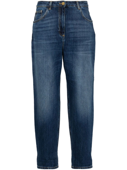 ELISABETTA FRANCHI JEANS BOYFRIEND IN COTONE STRETCH A VITA ALTA RISVOLTO AL FONDO PLACCA LOGO IN METALLO TASCA POSTERIORE