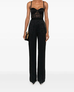 ELISABETTA FRANCHI TUTA CON TOP BUSTIER IN TULLE JACQUARD LETTERING E PANTALONE PALAZZO IN CREPE JACQUARD LETTERING CINTURA IN ELASTICO LOGATO