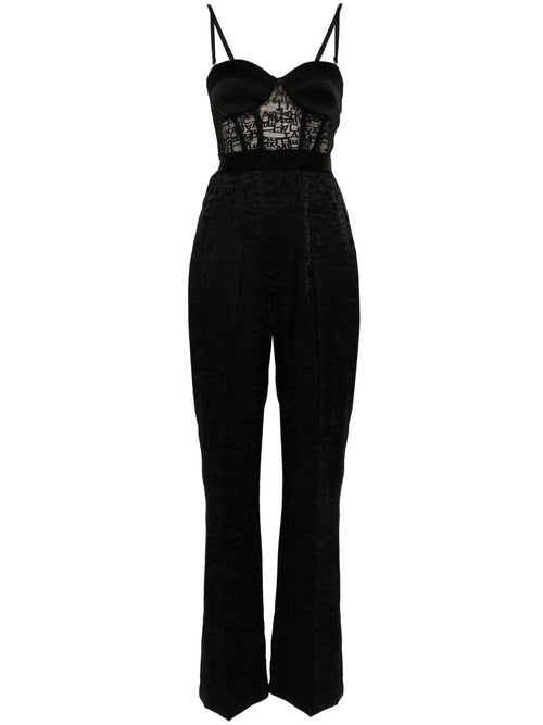 ELISABETTA FRANCHI TUTA CON TOP BUSTIER IN TULLE JACQUARD LETTERING E PANTALONE PALAZZO IN CREPE JACQUARD LETTERING CINTURA IN ELASTICO LOGATO