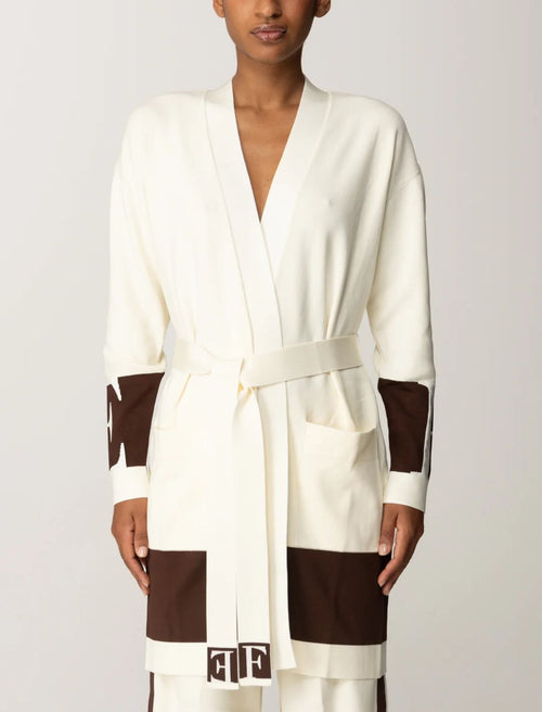 ELISABETTA FRANCHI CARDIGAN CON CINTURA CON BANDE A CONTRASTO