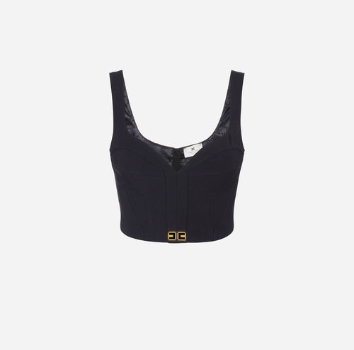 ELISABETTA FRANCHI TOP CROP IN CREPE CON LOGO IN VITA