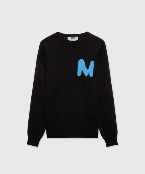 MSGM MAGLIONE NERO IN MISTO CACHEMIRE CON PATCH "THE MWAWE"