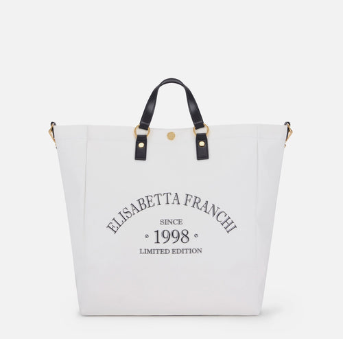 Elisabetta Franchi Borsa in Canvas Avorio/Nera con manici e tracolla PE26