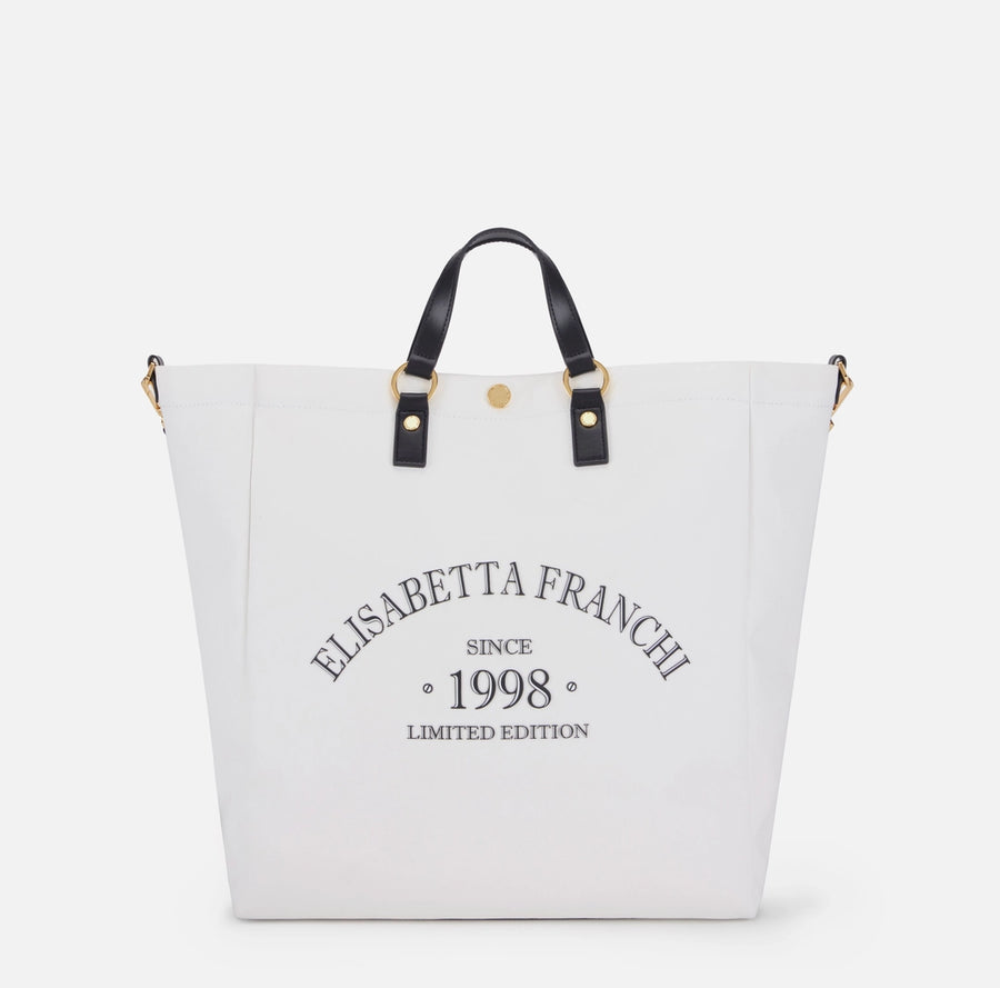 Elisabetta Franchi Borsa in Canvas Avorio/Nera con manici e tracolla PE26