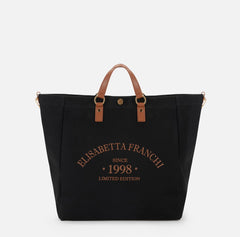 Elisabetta Franchi Borsa in Canvas Nero/Cuoio con manici e tracolla PE26