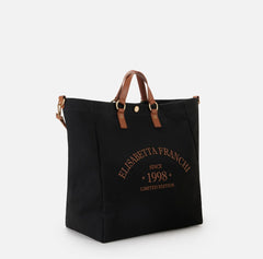 Elisabetta Franchi Borsa in Canvas Nero/Cuoio con manici e tracolla PE26