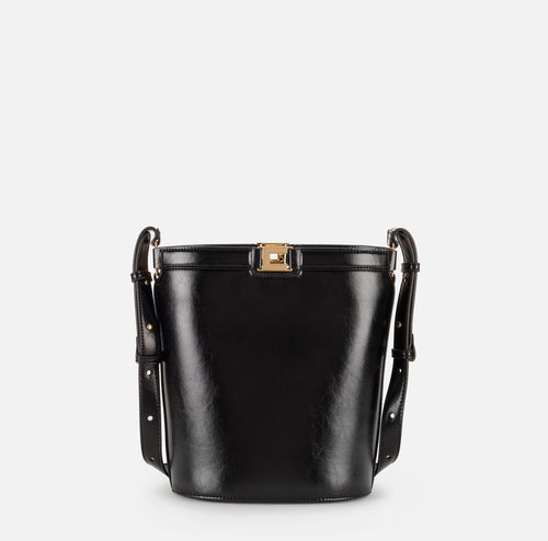 Elisabetta Franchi Borsa Secchiello nera Logo metallo e vernice PE26
