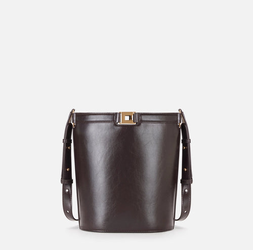 Elisabetta Franchi Borsa Secchiello Marrone Logo metallo e vernice PE26