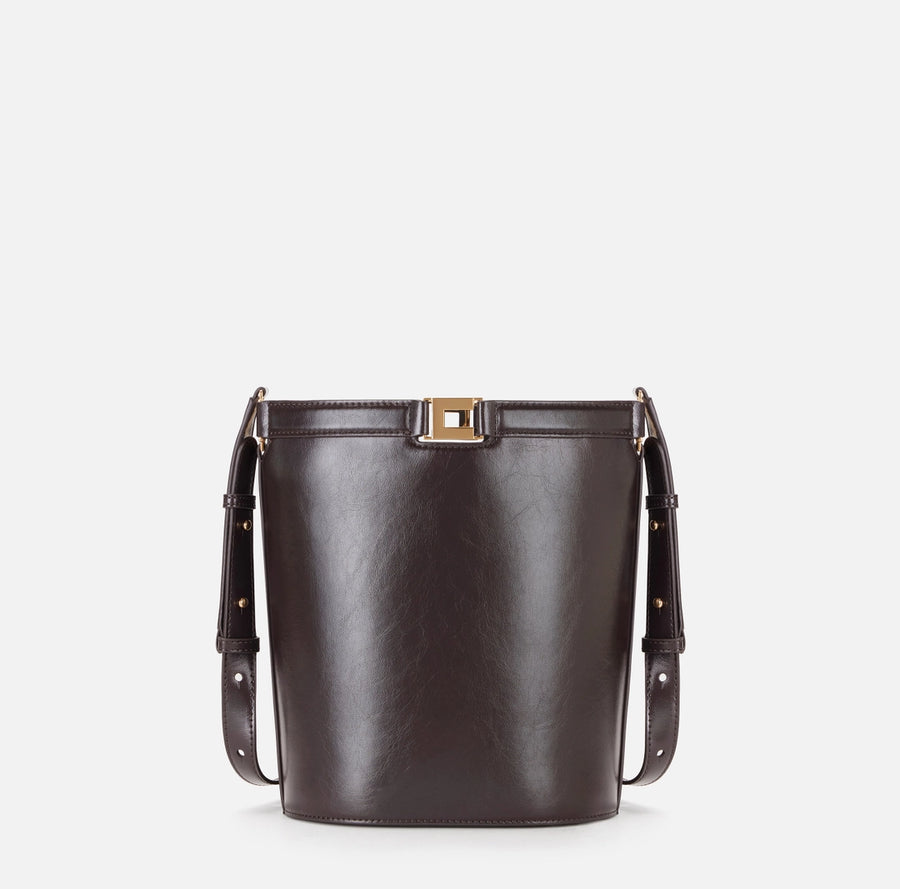 Elisabetta Franchi Borsa Secchiello Marrone Logo metallo e vernice PE26