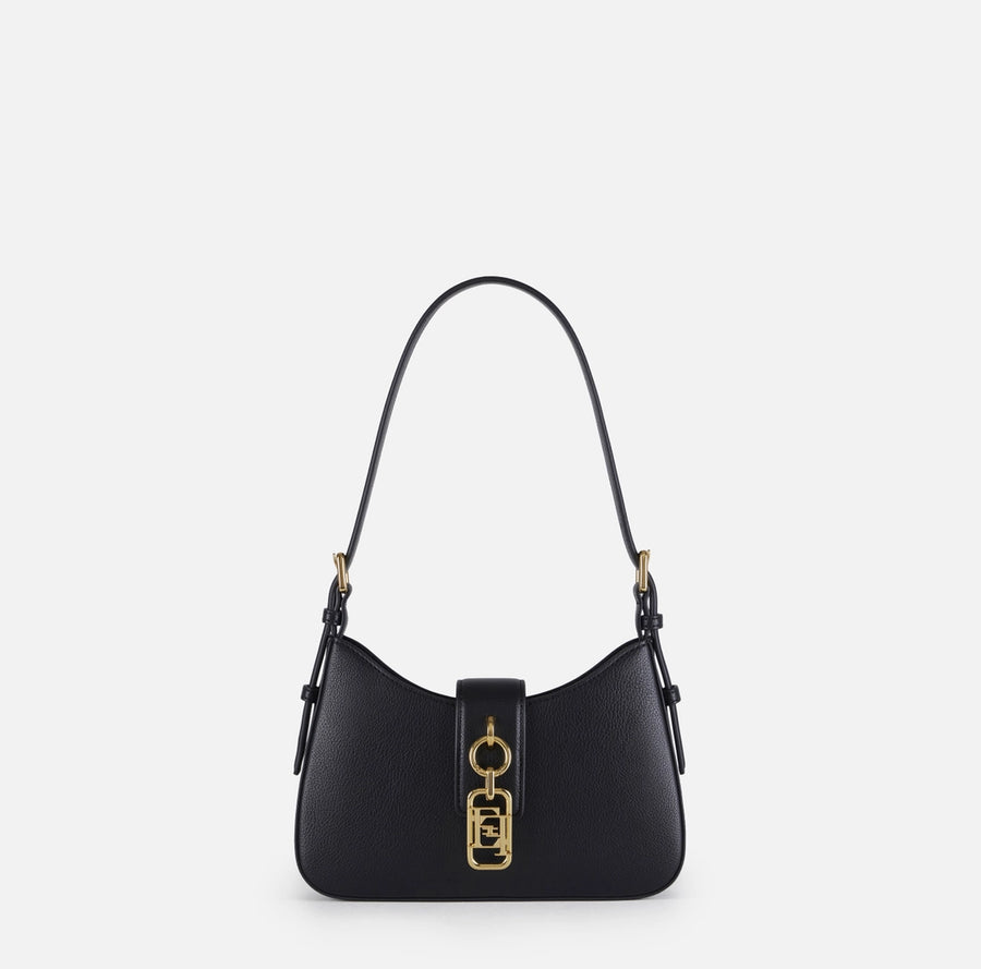 Elisabetta Franchi Borsa Ecopelle nera piccola a spalla logo EF oro PE26