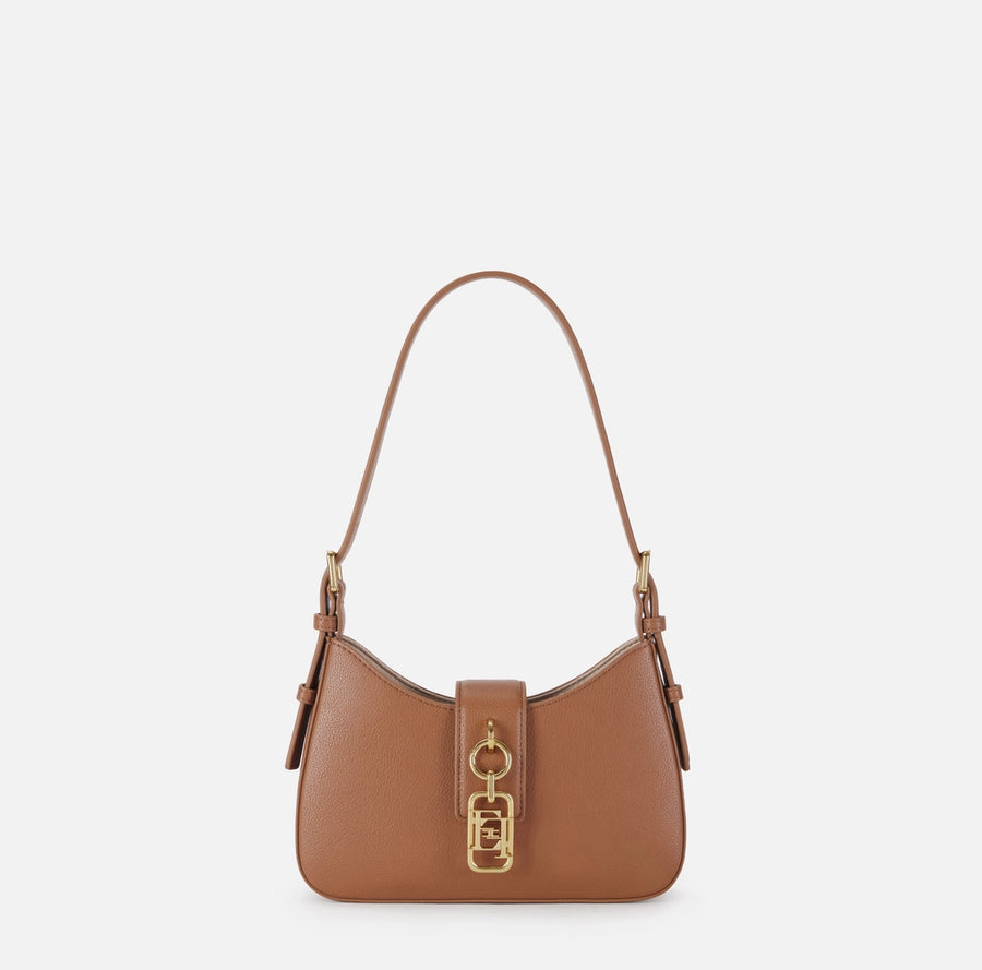 Elisabetta Franchi Borsa Ecopelle cuoio piccola a spalla logo EF oro PE26