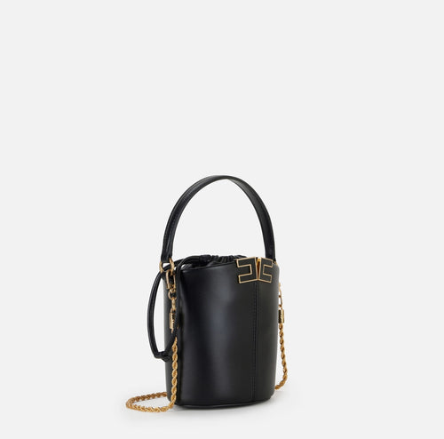 Elisabetta Franchi Borsa Secchiello Nero Logo in metallo Tracolla oro