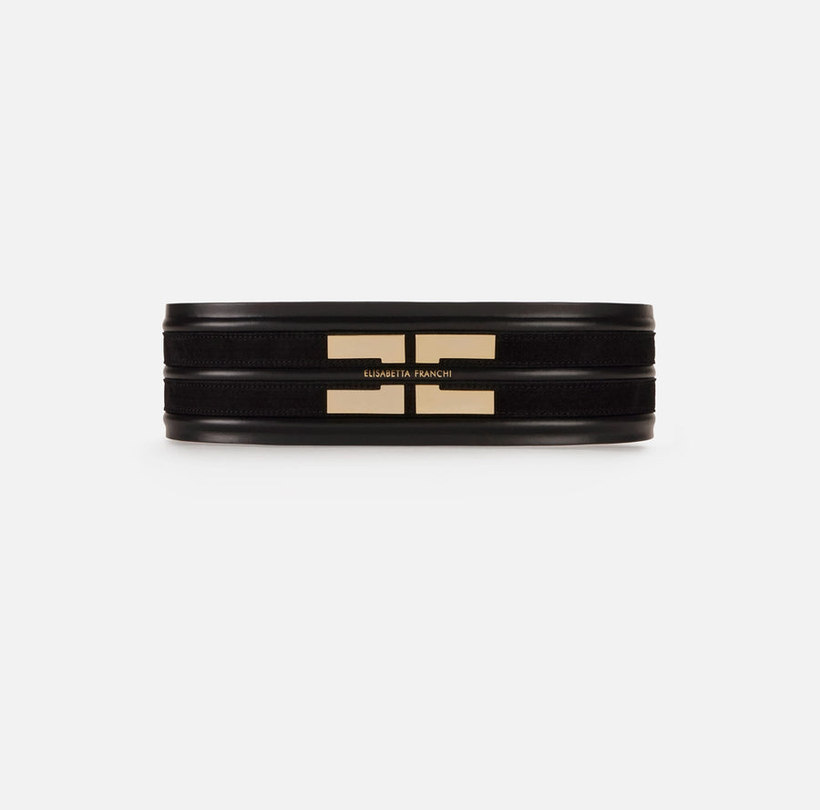 Elisabetta Franchi cintura Ecopelle nera logo EF oro PE26