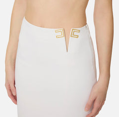 Elisabetta Franchi Gonna Bianca in crêpe stretch Logo oro/vernice PE26