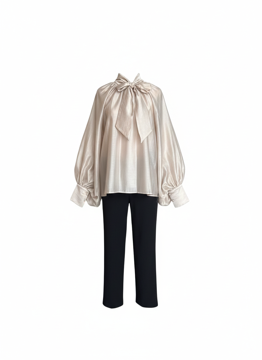 Vicolo – Blusa Donna in Raso Sabbia con Fiocco e Maniche Balloon | PE26