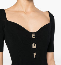 ELISABETTA FRANCHI ABITO MIDI A COSTINE CON LETTERING NERO