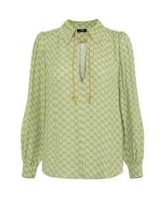 ELISABETTA FRANCHI CAMICIA CON STAMPA ALL OVER E ACCESSORIO SUL COLLO PISTACCHIO