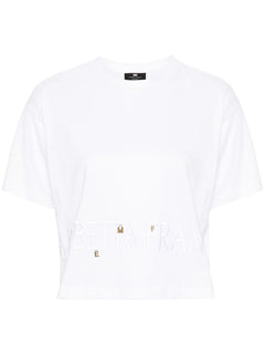 ELISABETTA FRANCHI T-SHIRT CON LOGO CUCITO E CHARMS GESSO